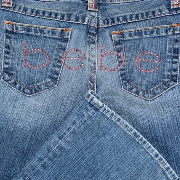 Iconic Y2K Bebe 27 Kayla Jean Pink Bling Rhinestone Spellout Pockets Medium Wash - Picture 2 of 10